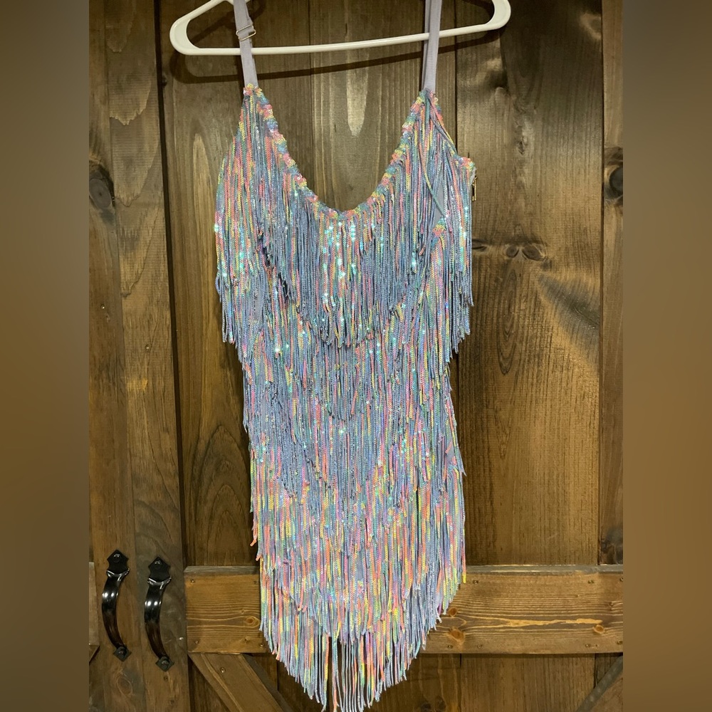 Amazing Lace Lavender Shake It My Way Fringe Mini Dress, Size Medium